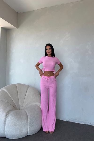 LİLA İSTANBUL Crew Neck Side Gathered Crop Double Suit