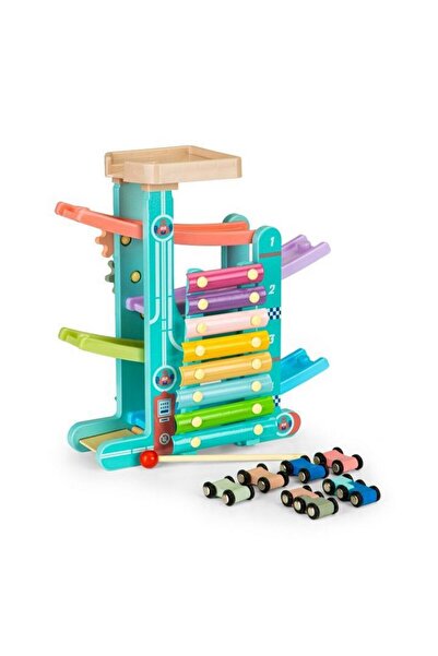 Ecotoys Rampa din lemn cu 6 masinute si tambal ME115