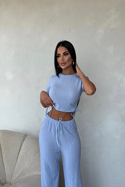 LİLA İSTANBUL Crew Neck Side Gathered Crop Double Suit