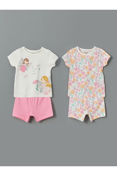 LC Waikiki Ecru Crew Neck Baby Girl Shorts Pajama Set 2 Pieces