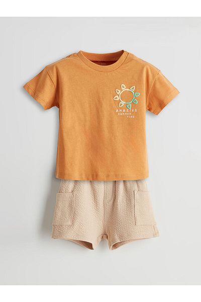 LC Waikiki Lcw Baby Orange Printed Baby Boy T-Shirt and Shorts 2-Pack