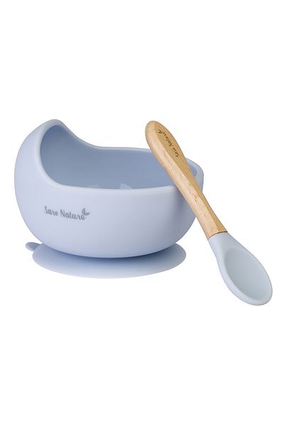 SARO BABY Bol anti-alunecare din silicon alimentar si lingurita, set de 2 piese pentru diversificare, Babyblue