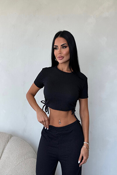LİLA İSTANBUL Crew Neck Side Gathered Crop Double Suit