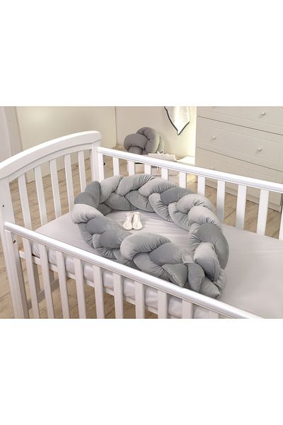Amy Braided Bumper Bed Side Guard, With Velcro Closure, Grey Velvet Cotton, 210x21 cm