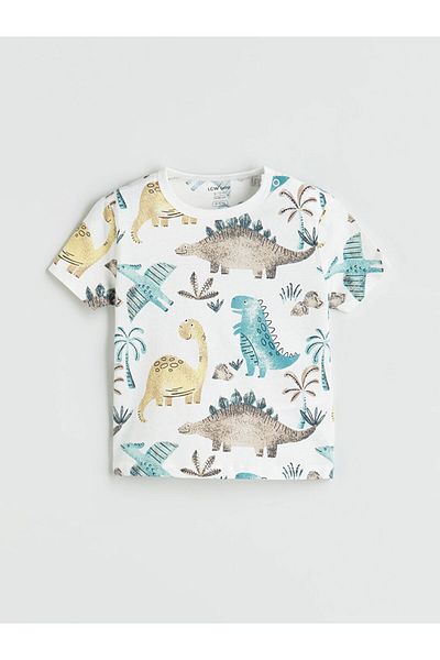 LC Waikiki Lcw Baby Ecru Crew Neck Dinosaur Printed Baby Boy Shorts Pajama Set 2-Piece