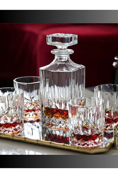 MADAME LUDA 5 Piece Whiskey Glass-Wine Bottle Set (4 Pcs 340 Ml.Whisky Glasses+750 Ml.Whisky-Vouchka-Wine Bottle)