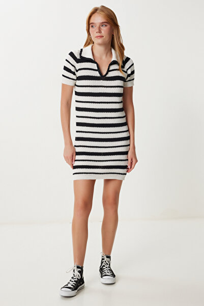 Lovelyİstanbul Πλεκτό φόρεμα με ριγέ γιακά Polo LYY0112 BLACK BONE