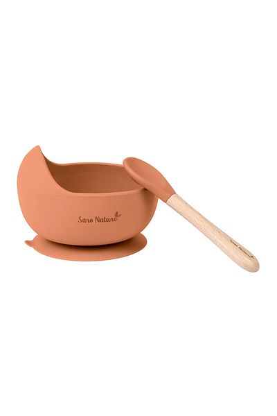 SARO BABY Bol anti-alunecare din silicon alimentar si lingurita, set de 2 piese pentru diversificare, Copper