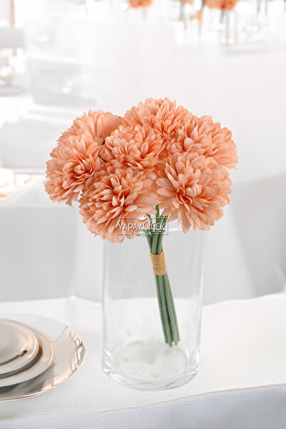 Yapay Çiçek Deposu Yapay Çiçek Top Krizantem 7li Mini Kartopu Demeti 28 cm Somon