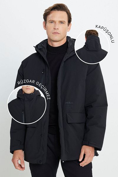 AC&Co / Altınyıldız Classics Men's Black Hooded Stand Collar Standard Fit Warm Windproof Coat Coat