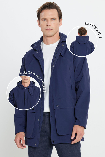 AC&Co / Altınyıldız Classics Ανδρικό παλτό Navy Blue - με κουκούλα, γιακάς, ζεστό, αντιανεμικό