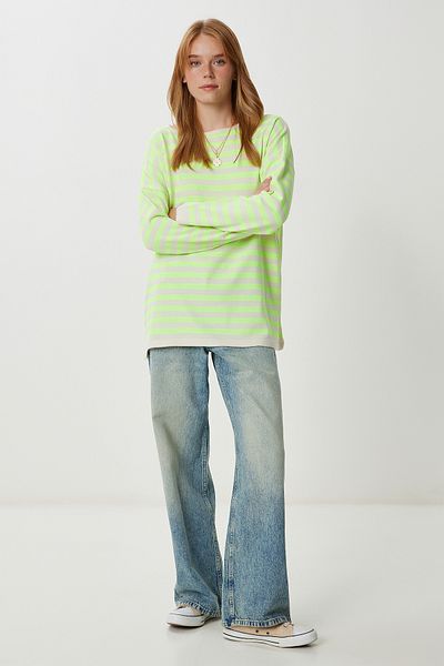Happiness İstanbul Pulover de damă cu dungi galbene crem oversize Kİ00162