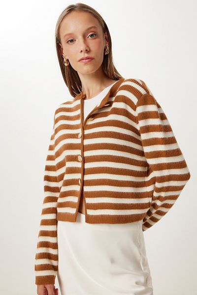 Happiness İstanbul Damen Strickjacke mit Streifenmuster und Metallknöpfen in Ziegelrot PF00043