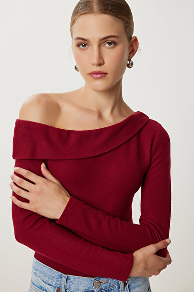 Happiness İstanbul Burgunderroter, einseitig gestrickter, weicher Damenpullover UB00464