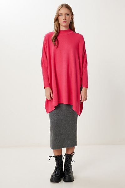 Happiness İstanbul Übergroßer Poncho-Pullover mit Seitenschlitz für Damen in Dunkelrosa YY00005