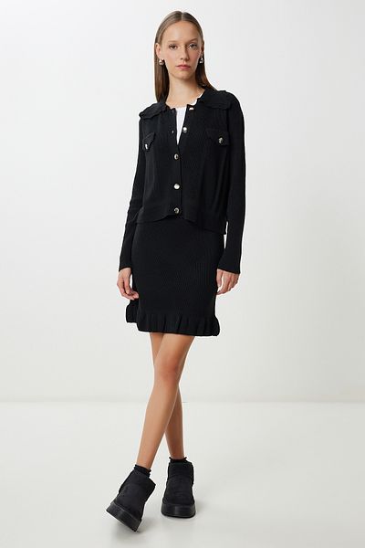 Happiness İstanbul Women's Black Stylish Buttoned Knitwear Cardigan Skirt Suit Ki̇00152