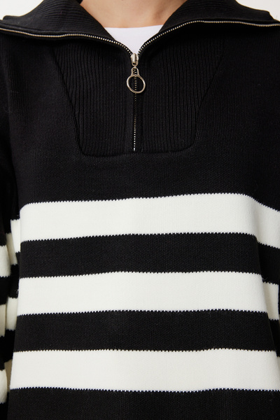 Happiness İstanbul Hanorac de damă, alb, negru, cu fermoar, cu guler vertical, în dungi, tricotaj supradimensionat BV00009
