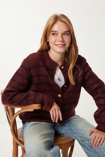Happiness İstanbul Women's Burgundy Black Striped Stylish Buttoned Knitwear Cardigan Yy00261