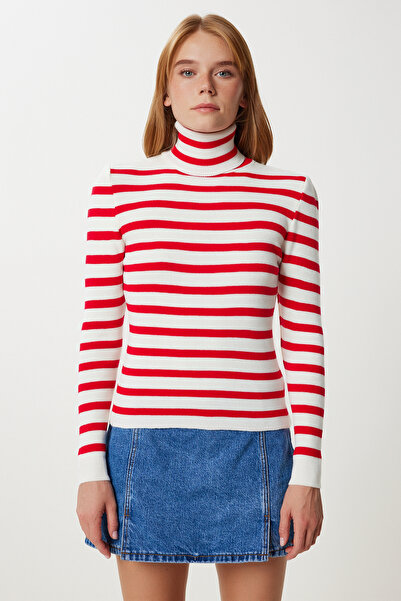 Happiness İstanbul Women's Red Bone Turtleneck Striped Sweater Sweater Ki̇00147