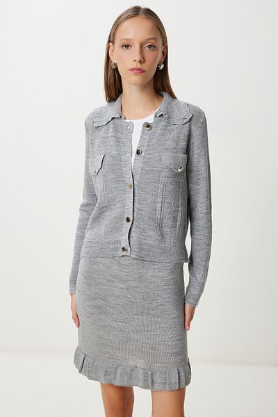 Happiness İstanbul Women's Gray Stylish Buttoned Knitwear Cardigan Skirt Suit Ki̇00152