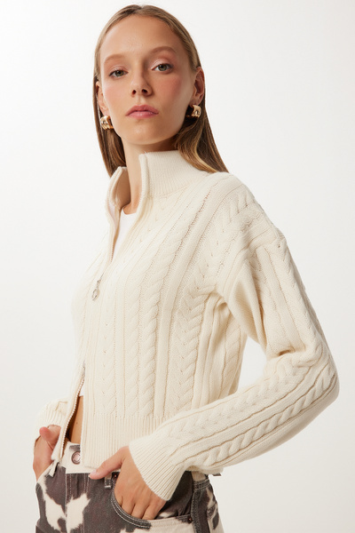 Happiness İstanbul Dámský krémový pletený pletený svetr na zip YY00174