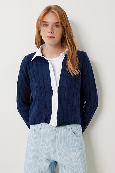 Happiness İstanbul Women's Navy Blue Shirt Collar Contrast Knitwear Cardigan Yy00260