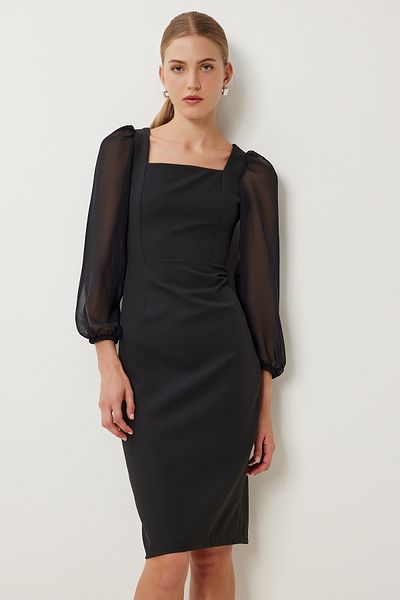 Happiness İstanbul Women's Black Tulle Balloon Sleeve Midi Woven Dress Gj00001