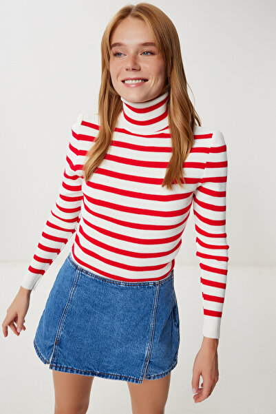 Happiness İstanbul Women's Red Bone Turtleneck Striped Sweater Sweater Ki̇00147