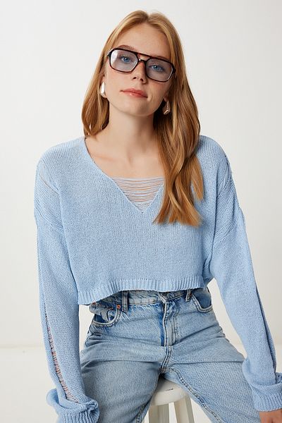 Happiness İstanbul Women's Sky Blue Ripped Detailed Crop Knitwear Sweater Ki̇00148