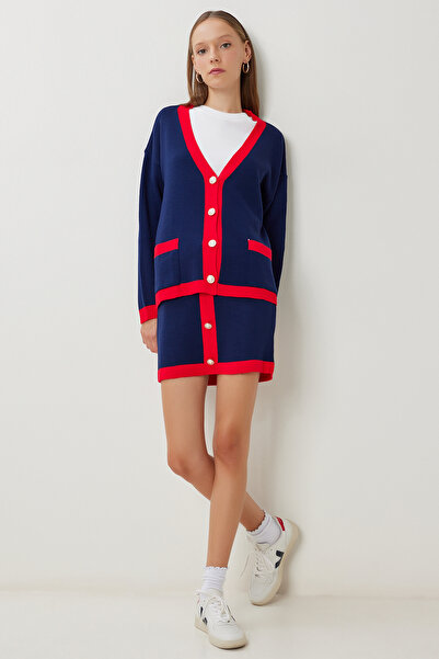 Happiness İstanbul Women's Navy Blue Red Contrast Color Knitwear Cardigan Skirt Suit Ki̇00151