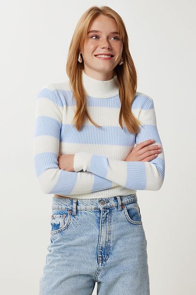 Happiness İstanbul Women's Ecru Blue Striped Crop Ribbed Knitwear Sweater Ki̇00158