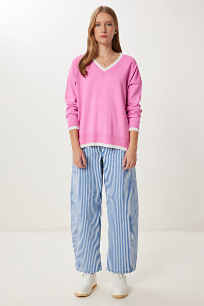 Happiness İstanbul Női rózsaszín V-nyakú, túlméretezett kötöttáru pulóver BV00081