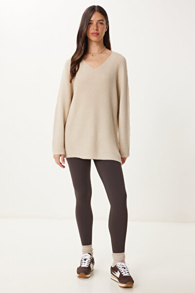 Happiness İstanbul Dámský krémový pletený svetr s výstřihem do V Thessaloniki Oversize ZA00059