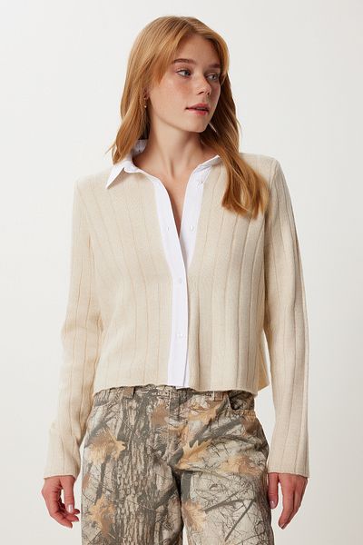 Happiness İstanbul Women's Cream Shirt Collar Contrast Knitwear Cardigan Yy00260