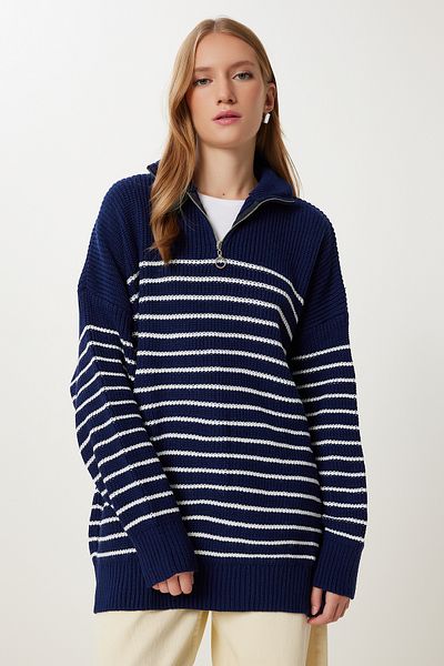 Happiness İstanbul Damski sweter oversize w kolorze granatowo-białym, zapinanym na zamek i stójką YY00077