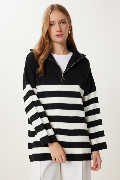 Happiness İstanbul Hanorac de damă, alb, negru, cu fermoar, cu guler vertical, în dungi, tricotaj supradimensionat BV00009