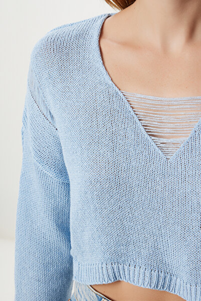 Happiness İstanbul Женски син пуловер с разкъсвания и детайли КИ00148