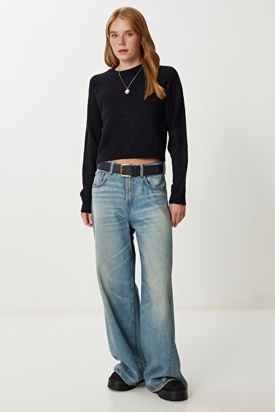 Happiness İstanbul Pulover de tricotaj de bază negru pentru femei Kİ00149