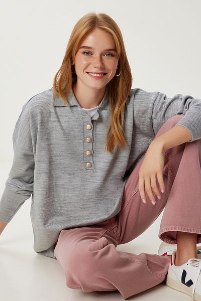 Happiness İstanbul Women's Gray Polo Neck Stylish Buttoned Knitwear Sweater Ki̇00161