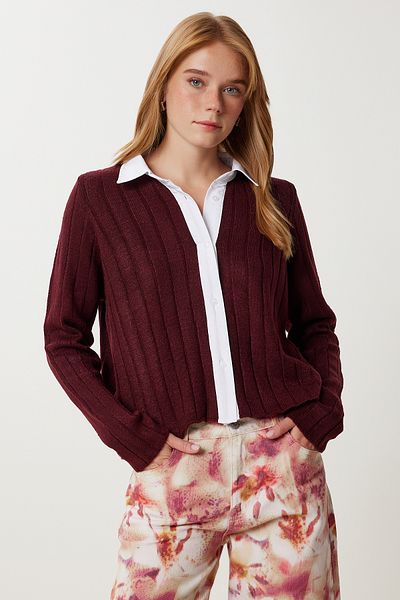 Happiness İstanbul Women's Burgundy Shirt Collar Contrast Knitwear Cardigan Yy00260