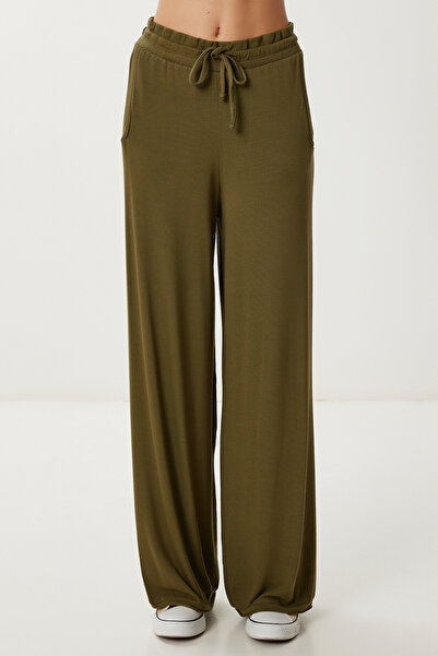 Happiness İstanbul Women's Khaki Pocket Wide Leg Knitted Trousers Ub00470