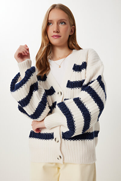 Happiness İstanbul Women's Ecru Navy Blue V-Neck Striped Knitwear Cardigan Us00940