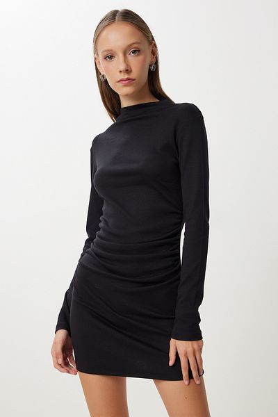 Happiness İstanbul Women's Black Gathered Stretchy Mini Knitted Dress Ub00474
