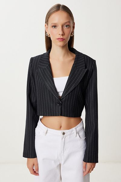 Happiness İstanbul Women's Black Striped Padded Crop Woven Jacket Kt00027