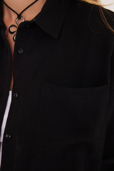 Tudors Kadın Oversize Geniş Kesim %100 Pamuk Müslin Kumaş Uzun Kollu Cepli Dokulu Siyah Gömlek