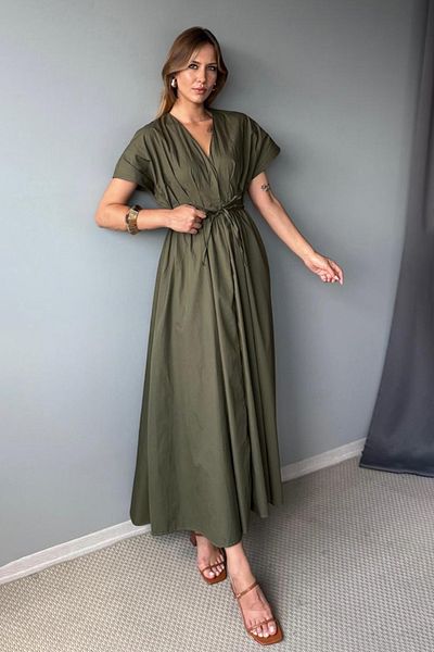 Trendyol Collection Khaki Waist Tie Detailed Midi Poplin Woven Dress TWOSS25EL00925