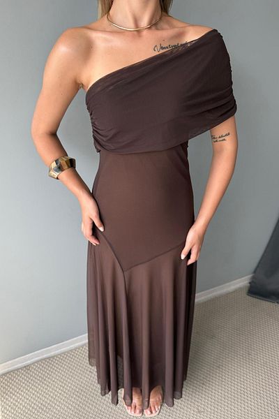 Trendyol Collection Brown Asymmetrical Neckline Woven Maxi Evening Dress Night Homecoming Dress Tprss25Ae00190