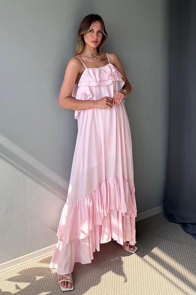 Trendyol Collection Rochie maxi țesută cu detaliu de volan roz TWOSS25EL00924