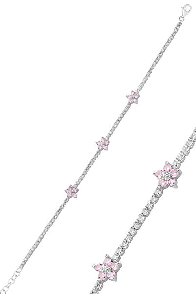Söğütlü Silver Gümüş rodyumlu zirkon taşlı pembe çiçekler su yolu bileklik SG...