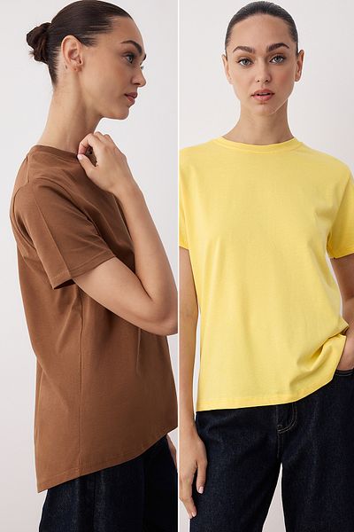 Trendyol Collection Brown-Yellow 100% Cotton Long Knitted T-Shirt on the Back Twoaw26Ts00008